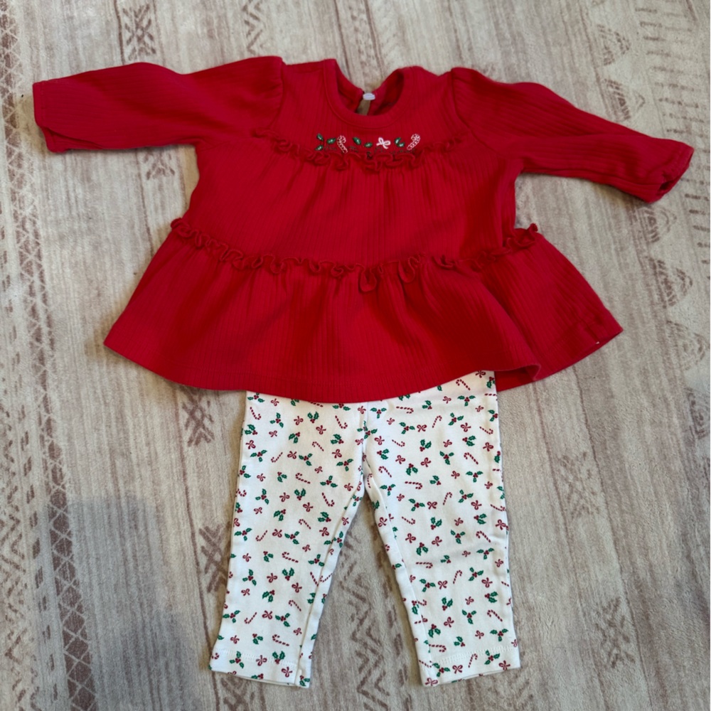 Little Me Red “My First Christmas” Ruffled Top with Festive Leggings
